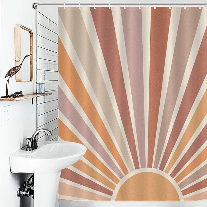 Boho Sun Shower Curtain, Mid Century Abstract Pastel Sunrise Sunset Modern Geometric Colorful Minimalist Art Print 70s Orange Waterproof Fabric Bathroom Shower Curtain Set with Hooks, 72"x78" Inch