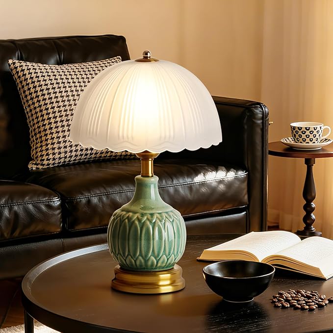 Ceramic Table lamp Set of 2, Modern Bedside Lamps Green Mid Century Vintage Desk Lamp Retro Glass Mushroom Traditional Lamp for Nightstand Living Room Bedroom Home Decor (S03GN-2PACK)