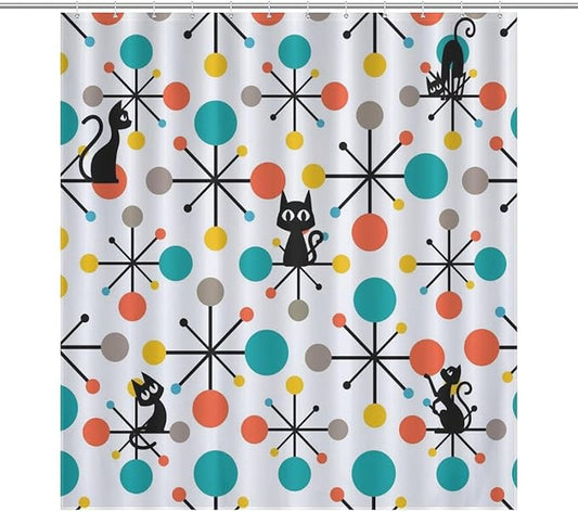 Mid Century Modern Cat Shower Curtain,Atomic Starburst Geometric Diamond Pattern Shower Curtains Set for Bathroom Fabric Decorative Bath Curtain Washable Curtain Hooks, 72x72”