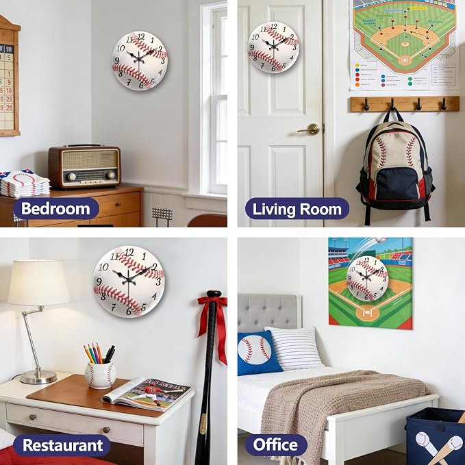 peacoblue Wall Clocks Battery Operated 12 Inch Baseball Glass Round Wall Clock Non Ticking for Kitchen Living Room Dining Room Bedroom and Bathroom Decor Accessories (Battery not Included)
