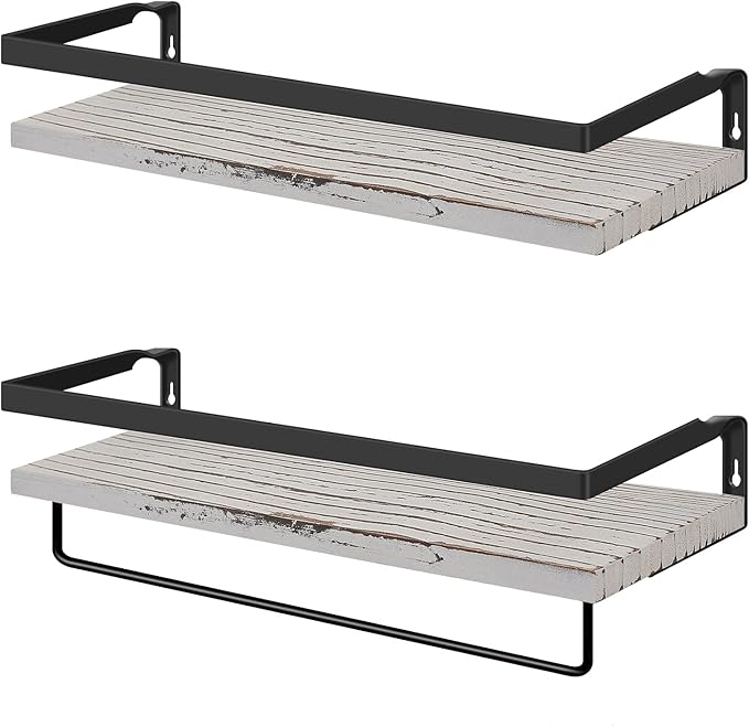 Floating Shelves for Wall, Bathroom Shelves with Towel Bar, Wall Mounted Storage Shelves for Kitchen, Bathroom, Set of 2 Grey