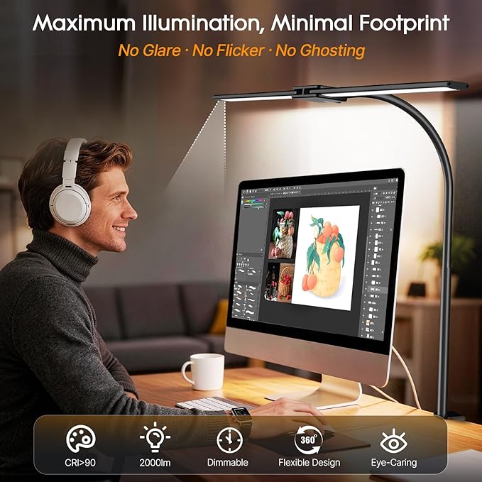 Syrinx LED Desk Lamp for Home Office, Architect Desk Lamp with Clamp, Gesture/Wired Control, Ultra Bright Gooseneck Desk Light, Memory & Timer, 50 Lighting Modes for Study, Reading, Crafting