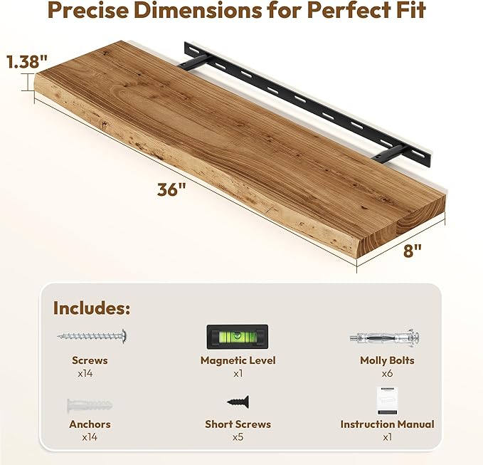 Vivelove Live Edge Floating Shelves for Wall Solid Elm Wood, Rustic Farmhouse Wall Shelf with Invisible Bracket for Living Room Bedroom Bathroom Office Book, 36 Inches - Set of 2 - Natural
