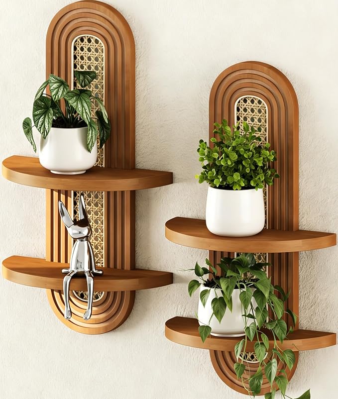 Floating Shelves for Wall,Boho Rattan Plant Shelf Wall Mounted,Mid Century Hanging Small Decorative Shelf,2 Tier Natural Wood Shelves for Living Room,Bedroom,Nursey Room,2-Pack (Walnut)