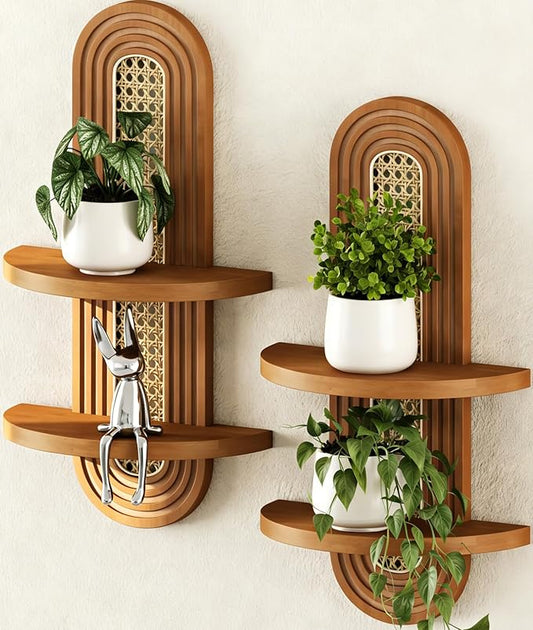 Floating Shelves for Wall,Boho Rattan Plant Shelf Wall Mounted,Mid Century Hanging Small Decorative Shelf,2 Tier Natural Wood Shelves for Living Room,Bedroom,Nursey Room,2-Pack (Walnut)