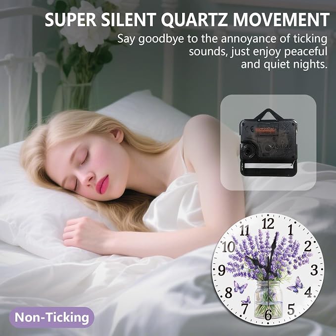 peacoblue Wall Clocks Battery Operated 12 Inch Lavender with Butterflies 12" Glass Round Wall Clock Non Ticking for Kitchen Living Dining Room Bedroom and Bathroom Decor (Battery not Included)
