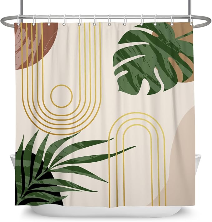 Boho Sage Green Shower Curtain Bohemian Mid Century Geometric Abstract Curve Bathroom Curtain Palm Leaf Polyester Shower Curtain Sets for Bathroom Extra Long 69x70 in with 12 Hooks