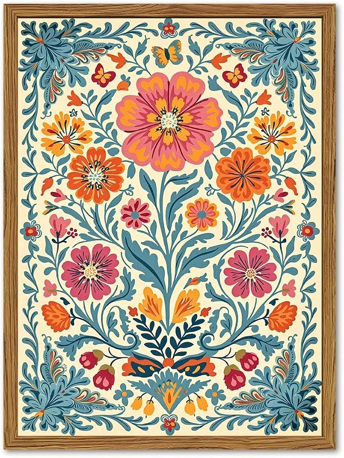 Framed Vintage Mexican Floral Canvas Wall Art, Colorful Folk Flower Wall Decor Pictures, Boho Botanical Painting Prints Rustic Home Decor for Living Room Bedroom 12x16 inch