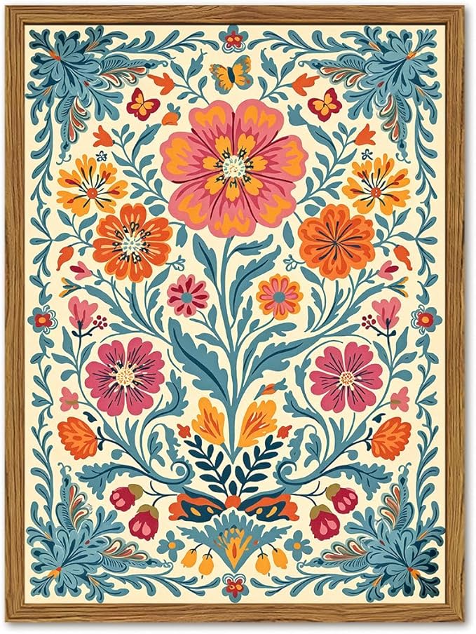 Framed Vintage Mexican Floral Canvas Wall Art, Colorful Folk Flower Wall Decor Pictures, Boho Botanical Painting Prints Rustic Home Decor for Living Room Bedroom 16x24 inch
