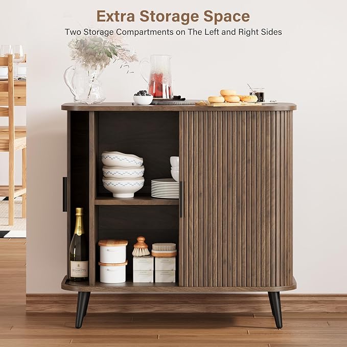 Accent Cabinet with Sliding Doors - Walnut Sideboard Buffet Cabinet with Storage for Coffee Bar, Console Table - MCM Design Bar Cabinets for Modern Home Décor Set 2