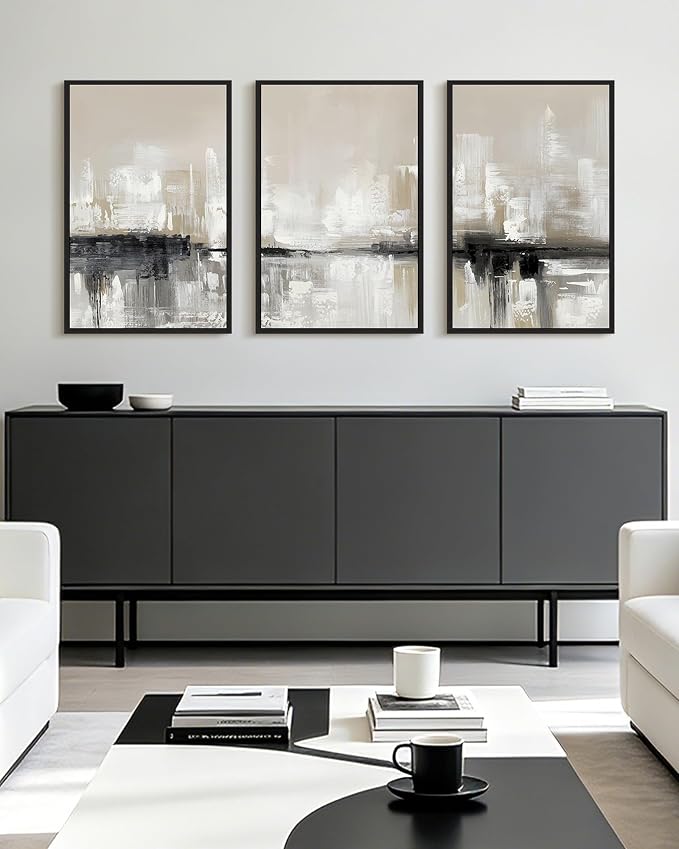 KUVIOKE Abstract Gray Framed Wall Art Neutral Brown Artwork Painting Morden Minimalist Wall Decor Rustic Home Decor 16x24in (Black Framed)