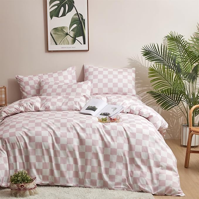 Pureant Pink White Plaid Comforter Sets King Women Men Bean Pink and White Checkerboard Grid Bedding Comforters Cotton Boys Girls Modern Dusty Pink Checkered Geometric Quilts Luxury Abstract Bed