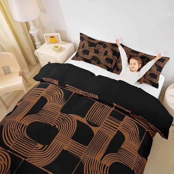 Erosebridal Mid Century Boys Duvet Cover Queen Size Bohemian Ethnic Bedding Set 3 Piece Boho Geometric Comforter Cover Modern Simple Black Stripes Bed Sets for Kids Teens Adult Men Bedroom Decor
