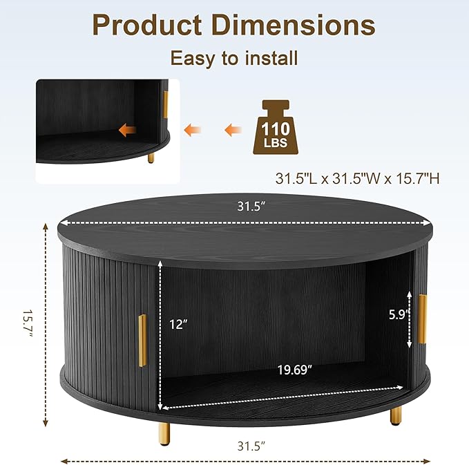 DHH Round Coffee Table, 31.5" Mid Century Modern Coffee Table with 360° Sliding Tambour Door, Fluted Accent Coffee Table with Storage Adjustable Footpads for Living Room, Black