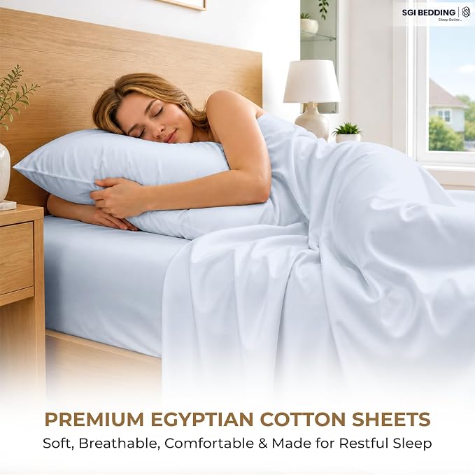 SGI bedding 100% Egyptian Cotton Sheets California King Size – 600 Thread Count Sheets Set, Soft, Cooling, 15" Deep Pocket, Luxury Hotel Bedding, Breathable, Durable - Light Blue