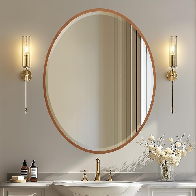 OVALCREST - Oval Wooden Beveled Wall Mirror for Home Decor, Bathroom, Vanity, Bedroom, Living Room, Hallway - London Style (Gold Spray) 41.1 x 31.1