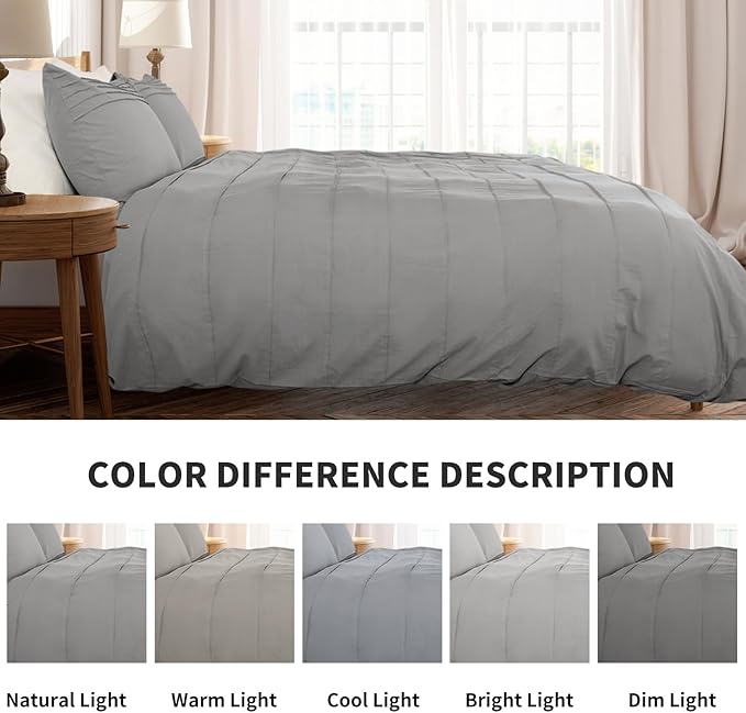 NEXHOME PRO 100% Organic Cotton Duvet Cover Full Size, Linen Pleated Textured Duvet Cover Set Light Grey, 3pc Bedding Set with Zipper Closure, Soft, Lightweight and Breathable (80"x90", No Comforter)