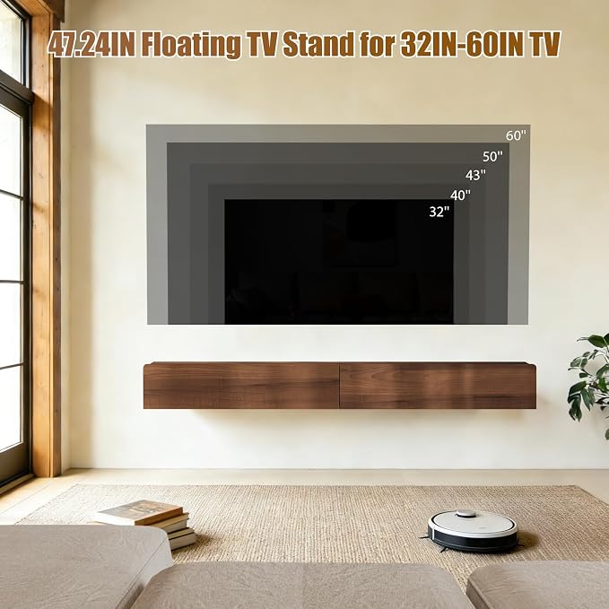 Floating Solid Wood Console Table, 47'' Wall Mounted Narrow Entryway Table with Storage Shelf, Modern Couch Shelves Small Entry Way Tables for Entryway, Front Hall, Hallway (Walnut, 47.24IN)