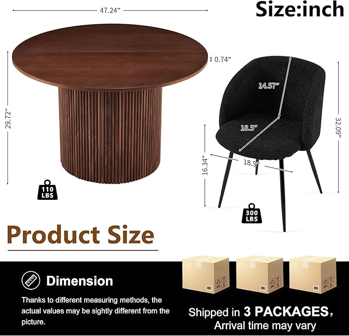 5-Piece Round Dining Table Set for 4, 47-Inch Walnut Kitchen Table and Upholstered Chairs Set for Dining Room, Modern Circle Dinette Table Set with Black Barrel Dining Side Chairs Upholstered