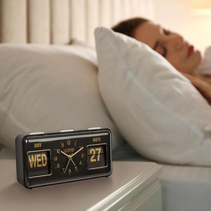 La Crosse Clock 636-379B Daily Flip Black Tabletop Alarm Clock with Calendar