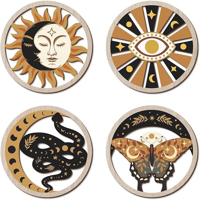 TOARTi 4Pieces Black Gold Gothic Wooden Wall Art, Mystical Witchy Sun Moon Butterfly Round Wall Decor,Boho Celestial Hanging Sign, Modern Aesthetic Mystical Snake Evil Eye Artwork