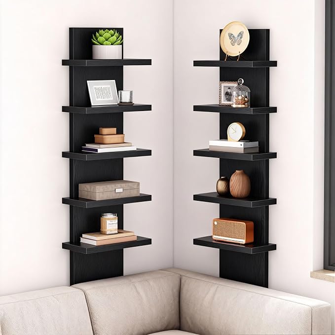 HOOBRO 5 Tier Wall Shelf Unit, 2 Pack Floating Shelves Wall Mounted, Wall Mount Vertical Shelving, Floating Storage Rack, Organizer Tall Tower Design for Livingroom, Bedroom, Kitchen, Black BB18BJP201