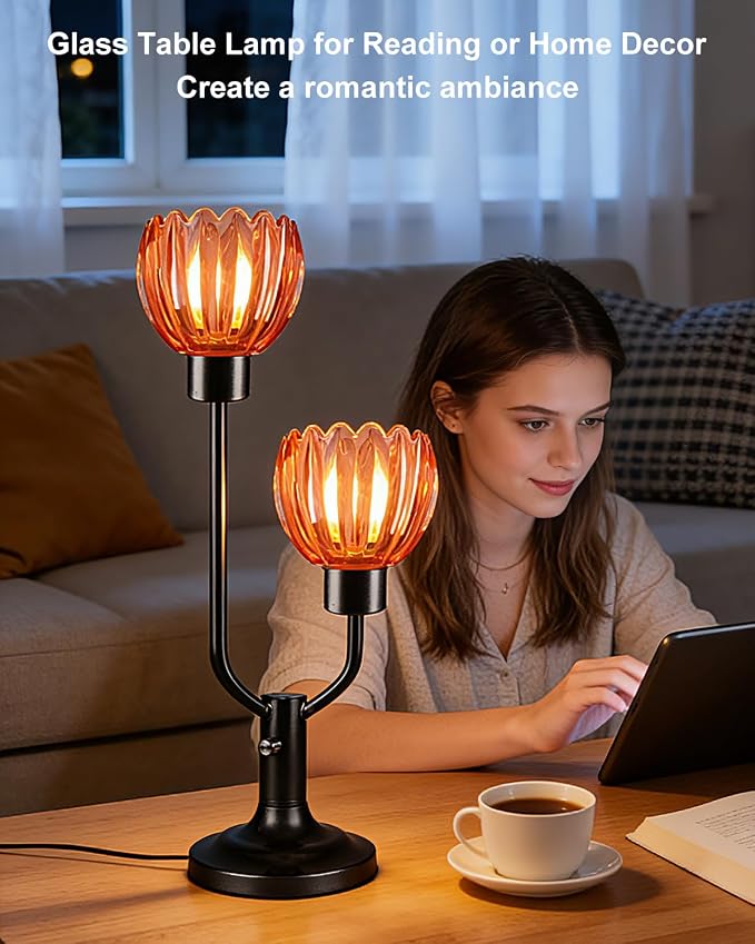 Lightdot Mid Century Modern Flower Table Lamp for Living Room Dimmable Nightstand Lamp Red Glass Vintage Black Desk Lamp 2 Bulbs Included Warmwhite Ambient Bedside Lamps for Bedroom Home Office Decor