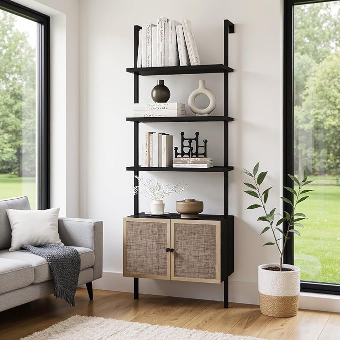 Rattan Bookcase, 6 Tier Ladder Bookshelf with Rattan Cabinet, Wall Mount Tall Bookshelves and Bookcases with Metal Storage Shelves Display for Living Room Bedroom Home Office, Black