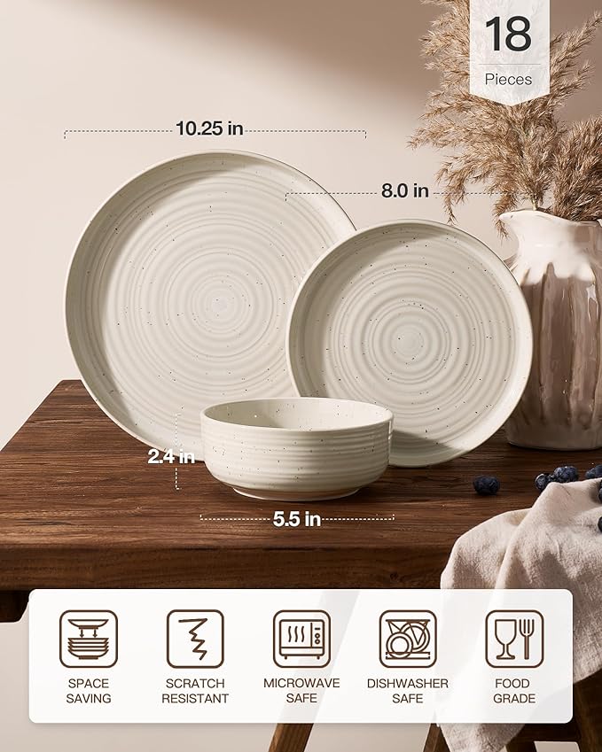 Plates and Bowls Sets for 6 (18-Piece) Stoneware Reactive Glaze Dinnerware with Speckles & Spirals, Chip and Scratch Resistant Flared Dishes Set with Gift Box, Microwave Dishwasher Safe, Shell Beige