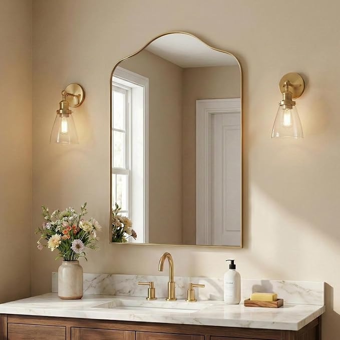 ANDY STAR Brass Scalloped Arched Wall Mirror, 26x38 Brushed Gold Irregular Bathroom Mirror with Curved Design for Vanity, Powder Room, Fireplace, Mantel, with Stainless Steel Metal Frame