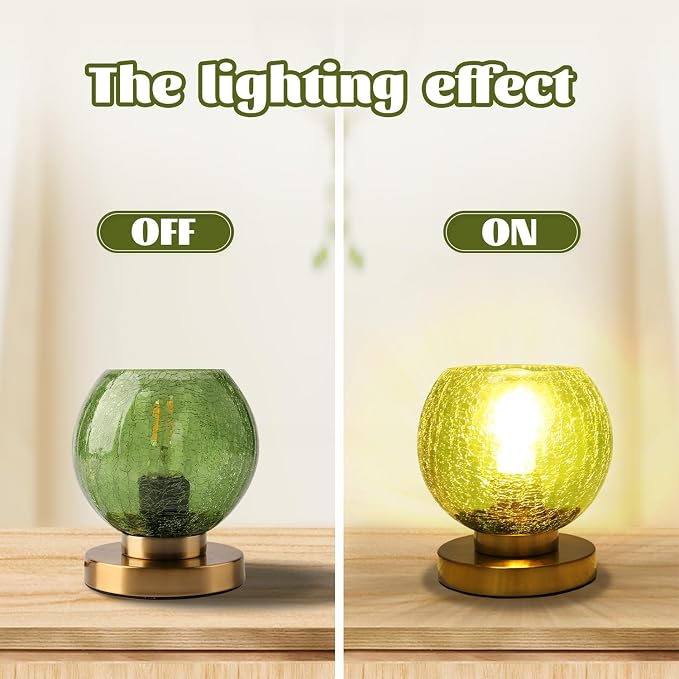 Mid Century Modern Table Lamp with Crackled Glass Shade - Green Glass, Gold Finish - Desk & Nightstand Lamp - Small, Perfect for Bedside, Living Room, Office