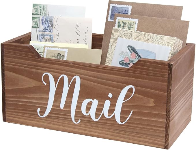 Elegant Designs HG2010-NMW Rustic Farmhouse Wooden Tabletop Decorative Script Word Mail Organizer Box, Letter Holder Office-Accessories-and-décor, Natural Wood/White