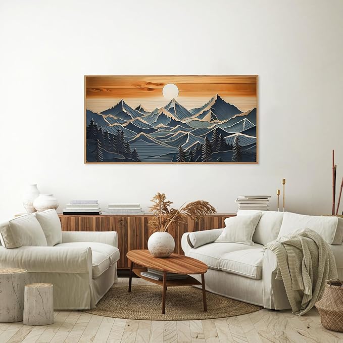 Tinonedraw Large Mountains Framed Canvas Wall Art, Boho Nature Woodcut Forest Art Prints, Mid Century Modern Wall Decor, Sunset Landscape Art Paintings for Living Room Bedroom Office 20"x40"