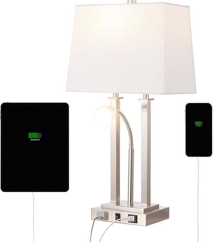 JONATHAN Y 23.75" Nickel 2-Light Modern Farmhouse LED Table Lamp with USB, White Linen Shade, AC Outlet, Adjustable Reading Light for Bedside Nightstand and Living Room (JYL1144C)