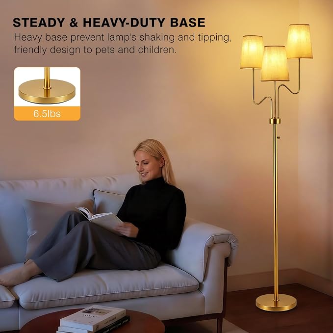 9MMML Farmhouse Gold Dimmable Floor Lamp, Rustic 3-Light Floor Lamp with Fabric Shade, 68'' Tall Floor Standing Lamp for Living Room, Bedroom, 3 x E26 LED Bulb Included