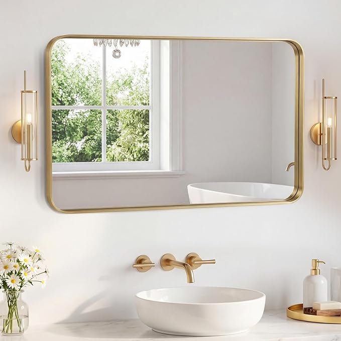NEWBULIG 32X48 Inch Bathroom Mirror for Over Sink, Wall Vanity Mirrors Tempered Glass, Anti-Rust Metal Framed Rounded Rectangle, Hangs Horizontally or Vertically, Farmhouse Home Decor, Gold