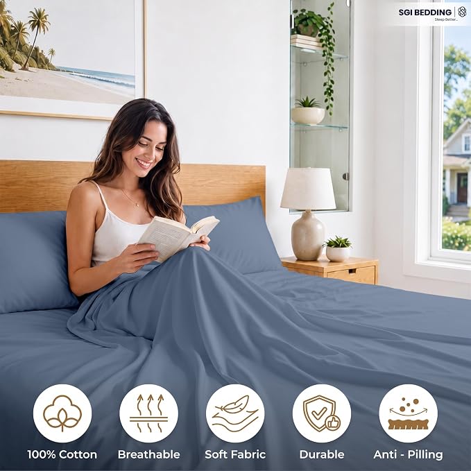 SGI bedding 100% Egyptian Cotton Sheets Queen Size – 600 Thread Count Sheets Set, Soft, Cooling, 15" Deep Pocket, Luxury Hotel Bedding, Breathable, Durable - Mediterranean Blue