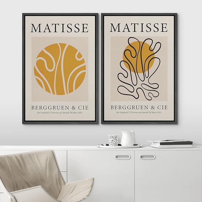 IDEA4WALL Framed Canvas Print Wall Art Set Matisse Yellow Geometric Wave Floral Collage Abstract Shapes Illustrations Modern Art Decorative for Living Room, Bedroom, Office - 16"x24"x2 Black