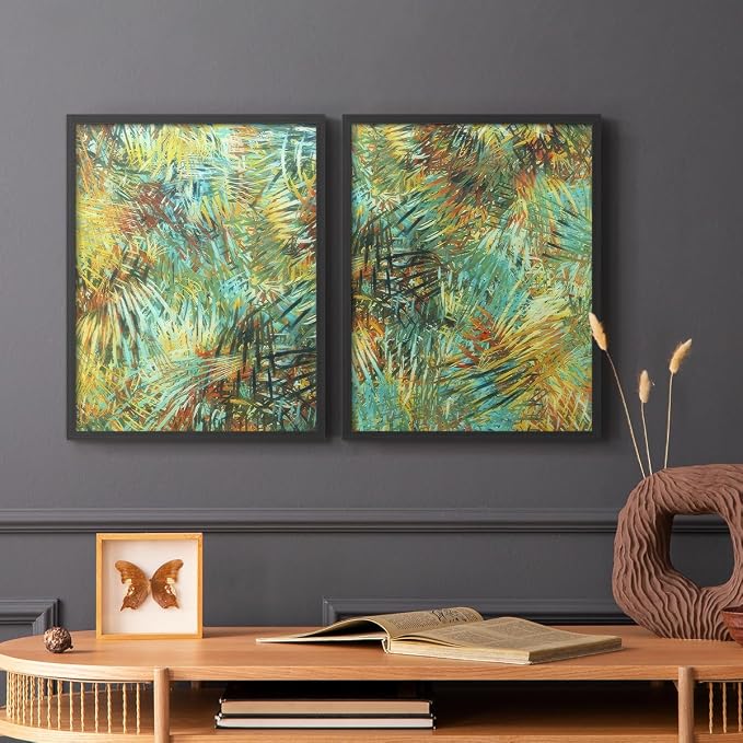 Renditions Gallery Set of 2 Peel & Stick Framed Prints, Nature Abstract Wall Art, Green Leafy Design Wall Decor, Re-Stickable - Ready to Hang - 16"x20" - Black Frame LT588