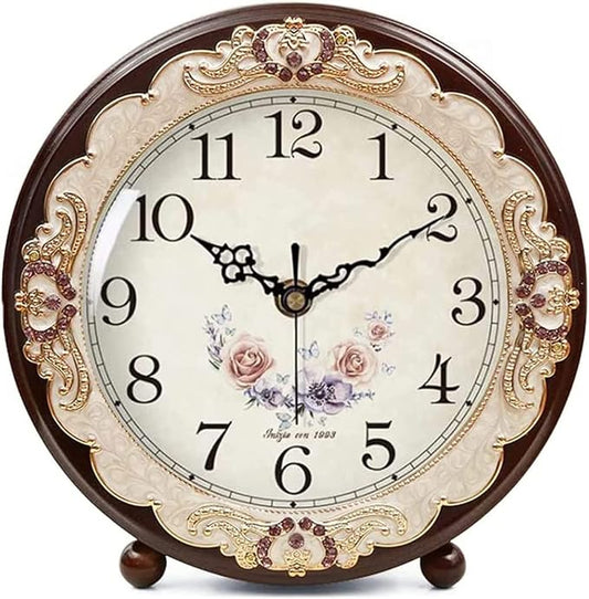 Justup Vintage Wooden Table Clock, Retro Non-Ticking European Style Beside Mantle Desk Clock Battery Operated Silent Quartz Movement for Bedroom Living Room Indoor Decor (Purple)