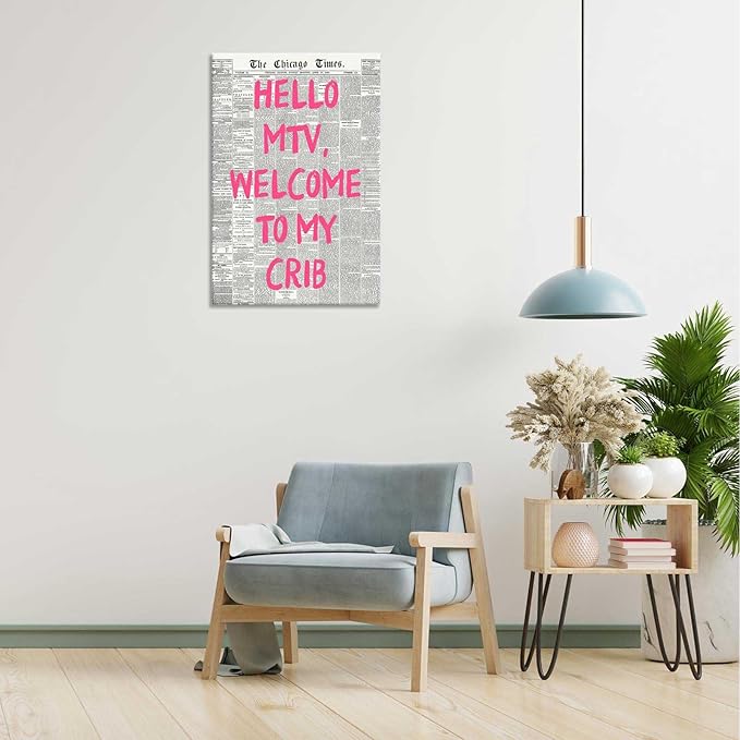 Retro Hello Mtv Welcome To My Crib Posters Pink Font Newspaper Canvas Wall Art Positive Affirming 70'S Room Aesthetic Prints Painting For Home Bedroom Dorm Wall Decor 12x16in Wframed