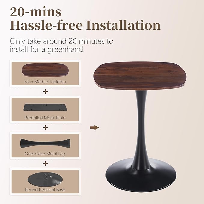Small Square Dining Table,24" Tulip Table with Metal Pedestal,15-Minute Quick Assembly,Mid Century Modern Leisure Table for Kitchen Small Places Cafe (Faux Walnut)
