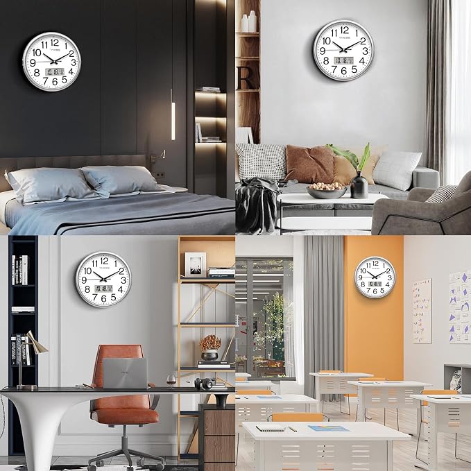 TIMESS Wall Clock, 13 Inch Non-Ticking Silent Battery Operated Quartz Analog with LCD Display for Perpetual Calendar and F° Temperature, Ideal Modern Home, Bedroom, Kitchen, Office Décor (Sliver)