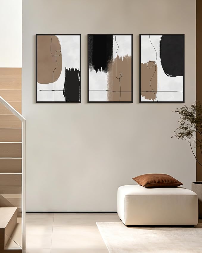 KUVIOKE Neutral Abstract Framed Wall Art Beige Mid Century Textured Wall Decor Minimalist Line Modern Illustrations Art Print Home Decor 16x24in (Black Framed)