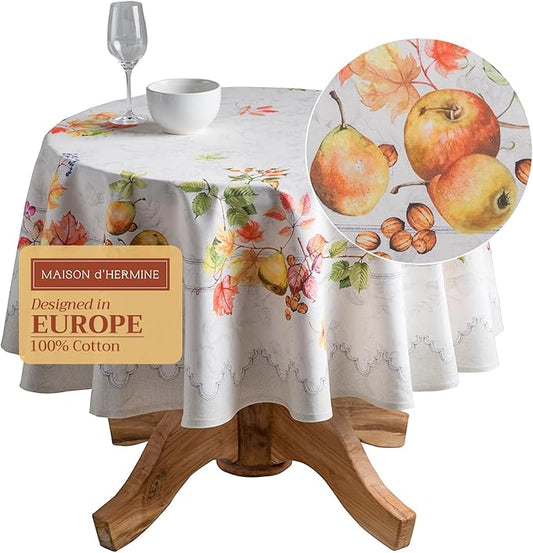 Maison d' Hermine Table Cloth Round Table 100% Cotton 63 Inches Fall Tablecloth Reusable Everyday Use for Thanksgiving Christmas Decorations Dining Farmhouse Party (Fruit D'Hiver)