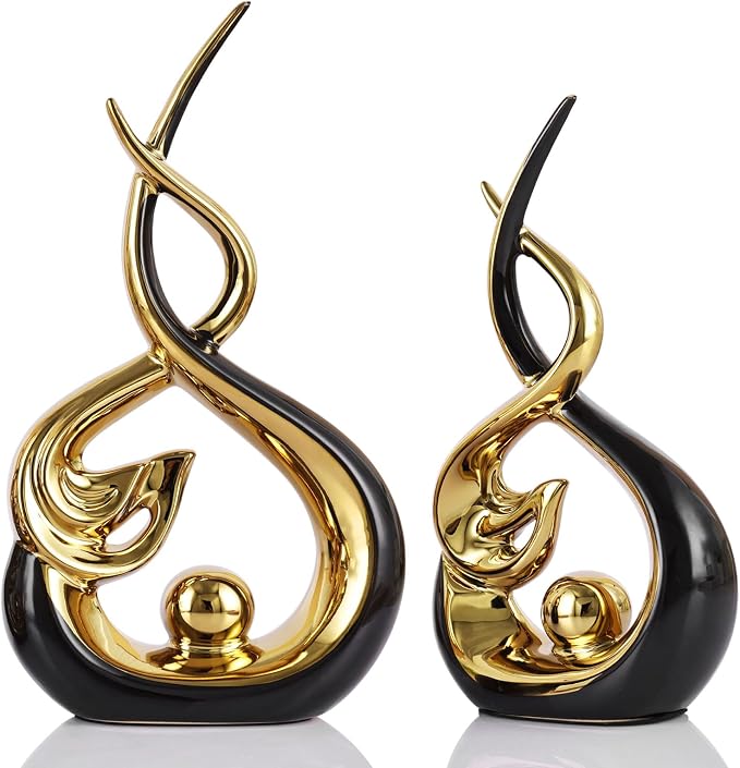 QIANLING Home Decor Modern Abstract Art Ceramic Statue - Black and Gld Ceramic Sculpture, Dining Table Centerpiece Decor, Decoration for Home Decor Living Room Entryway Table Bookshelf Mantle Shelf