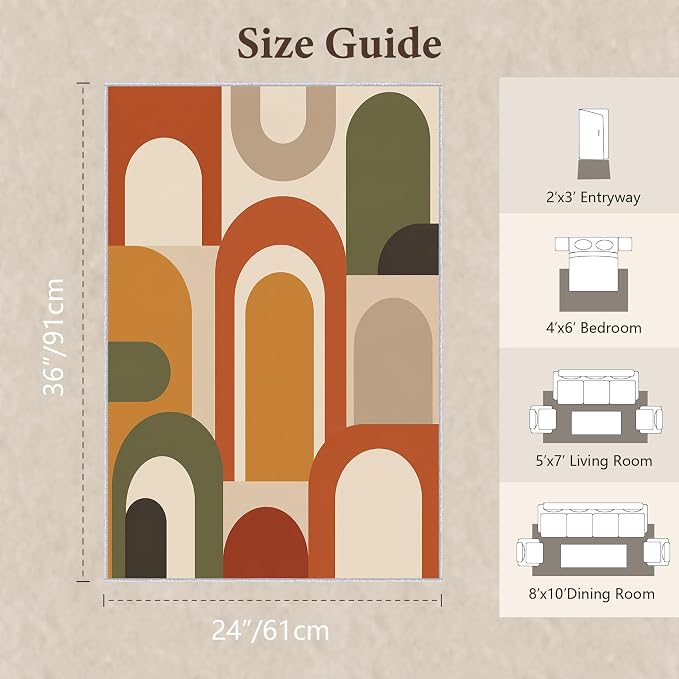 Mid Century Arch Area Rug 2x3, Terracotta Geometric Abstract Rug, Retro Modern Color Block Washable Low Pile Non Slip Rug for Living Room Bedroom