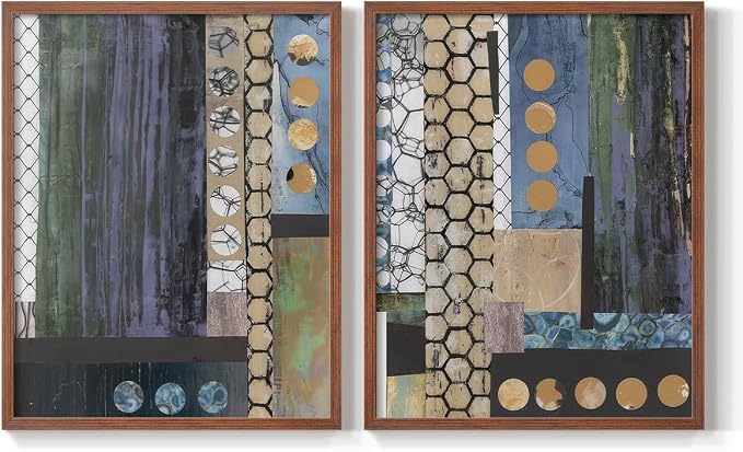 Renditions Gallery Set of 2 Peel & Stick Framed Prints, Geometric Abstract Wall Art, Hexagonal and Circular Pattern Wall Decor, Re-Stickable - Ready to Hang - 11"x14" - Walnut Frame LT588