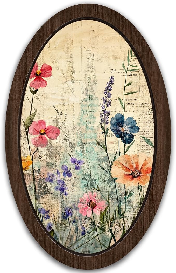 UYIKG Vintage Cottagecore Floral Wall Art,Floral Botanical Oval Framed Wall Decor,Rustic Farmhouse Cottage Core Wooden Framed Decor for Theme Room Home Bedroom Living Room Home Office 9x14.6 in