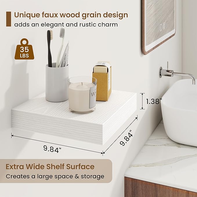 Square Floating Shelves for Wall, 10"W x 10"D x 1.25"H, 3 Packs Small Wall Mounted Engineered Wood Shelves with Invisible Brackets for Living Room, Bedroom, Bathroom, Kitchen Decor, White
